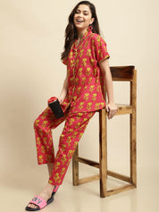 Pink & Yellow Sanganeri Floral Print Night Suit