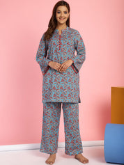 Floral Print Cotton Blue Co-Ord Set