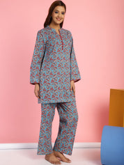 Floral Print Cotton Blue Co-Ord Set