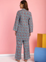 Floral Print Cotton Blue Co-Ord Set