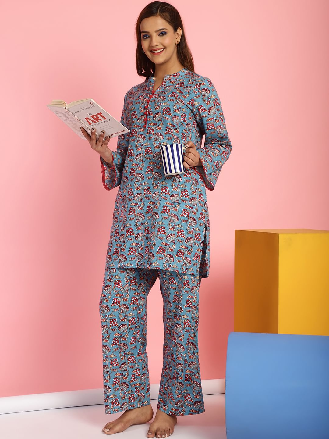 Floral Print Cotton Blue Co-Ord Set