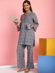 Floral Print Cotton Blue Co-Ord Set