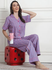 Striped Purple Cotton Night Suit