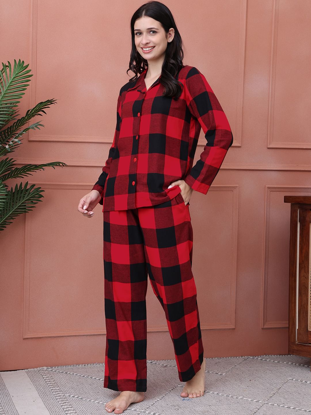 Red Checkered Flannel Night Suit - Main Image