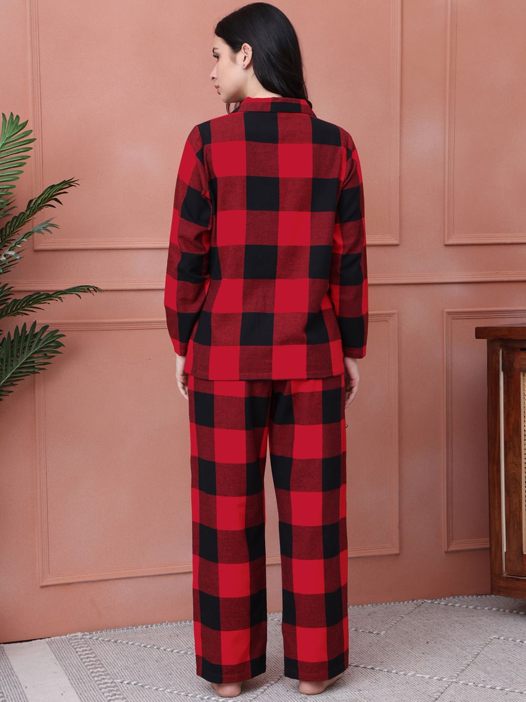 Red Checkered Flannel Night Suit