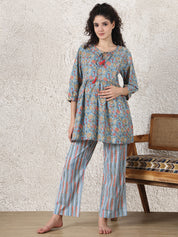 Blue & Red Cotton Maternity Floral Night Suit