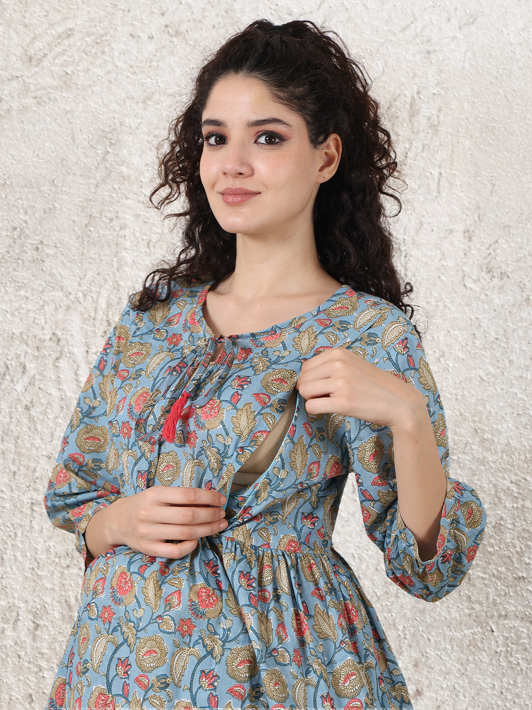 Blue & Red Cotton Maternity Floral Night Suit