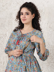 Blue & Red Cotton Maternity Floral Night Suit