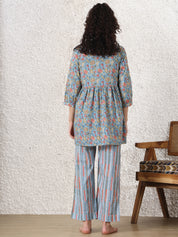 Blue & Red Cotton Maternity Floral Night Suit
