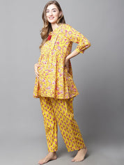 Yellow & Red Cotton Floral Maternity Night Suit