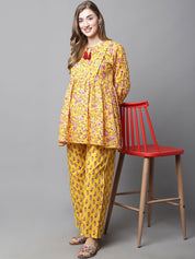 Yellow & Red Cotton Floral Maternity Night Suit
