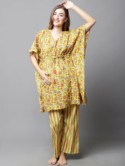 Yellow & Red Cotton Floral Maternity Night Suit