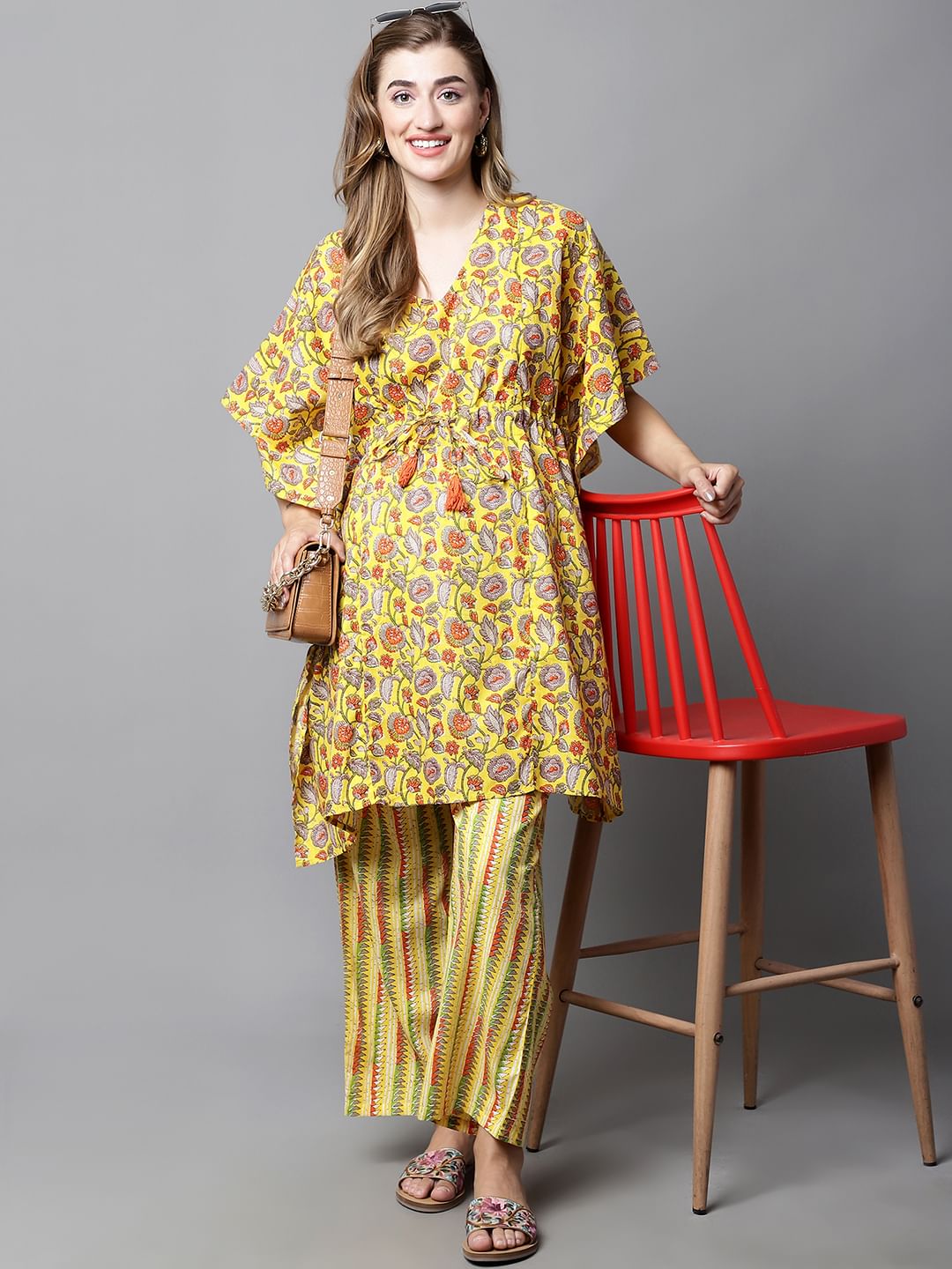 Yellow & Red Cotton Floral Maternity Night Suit