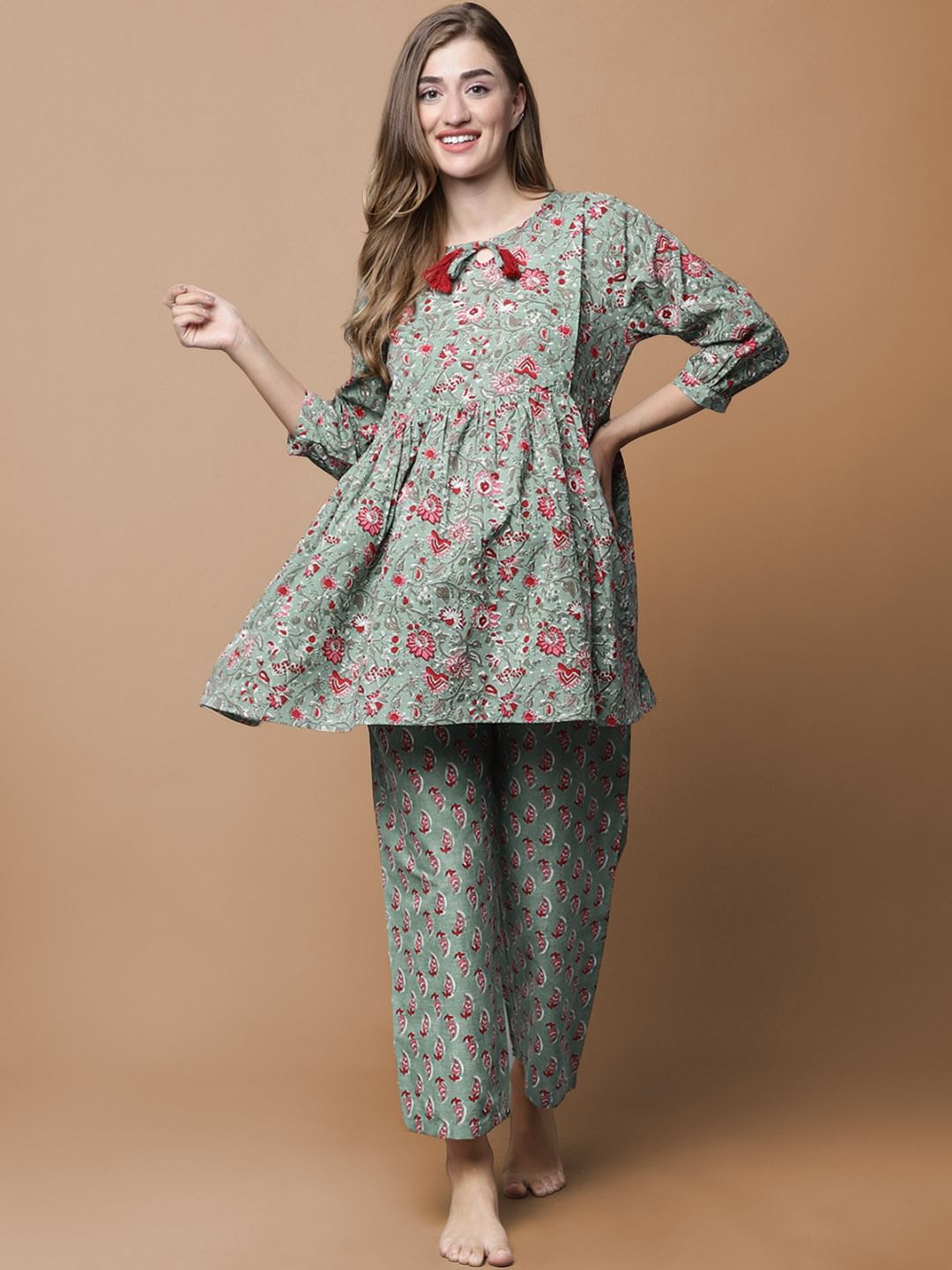 Green & Red Cotton Floral Maternity Night Suit