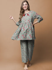 Green & Red Cotton Floral Maternity Night Suit