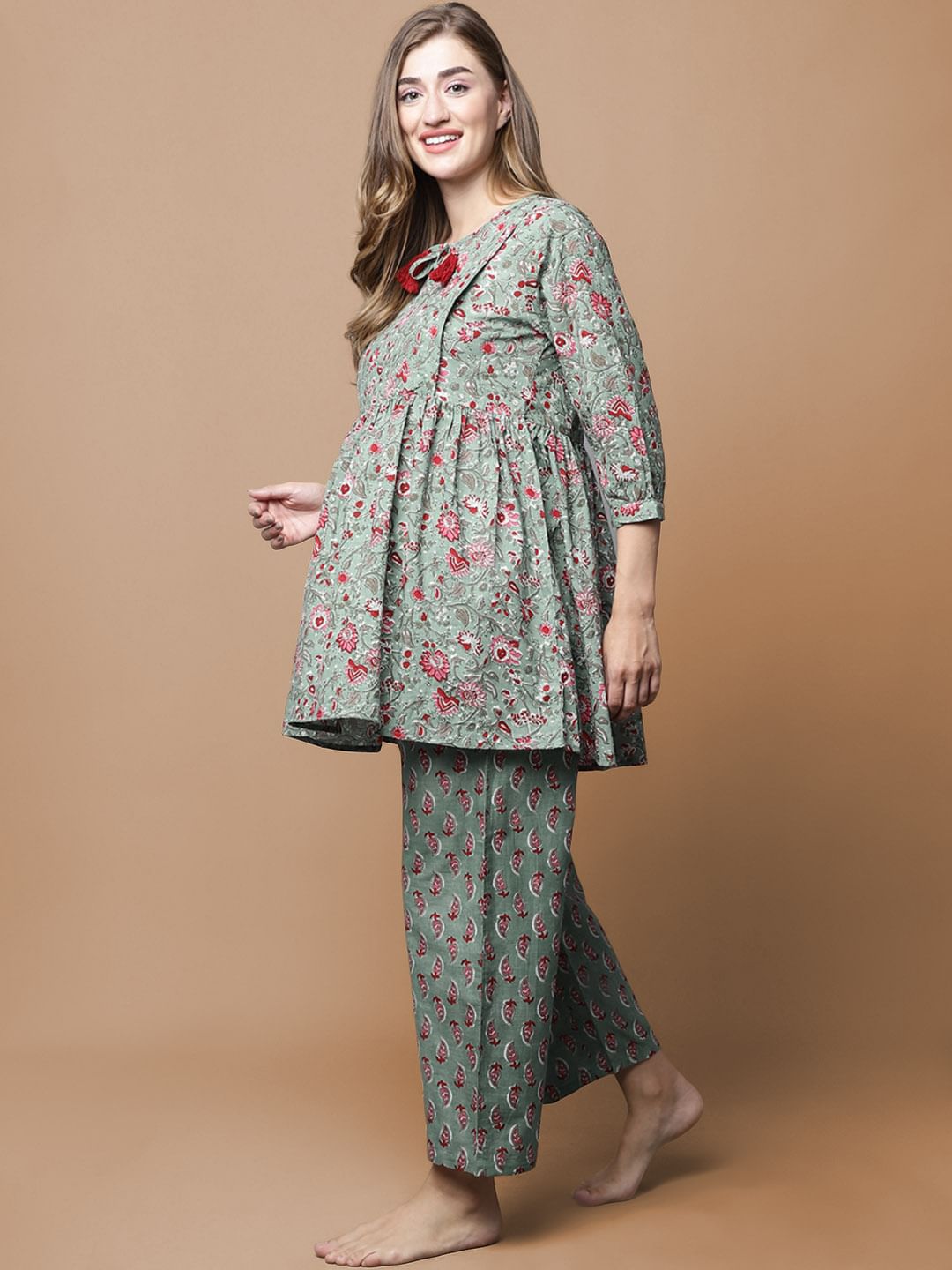 Green & Red Cotton Floral Maternity Night Suit