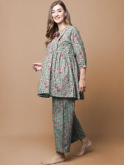 Green & Red Cotton Floral Maternity Night Suit