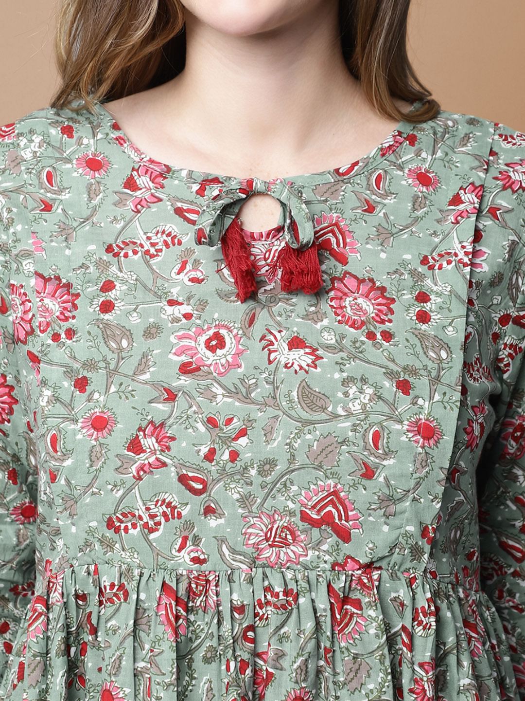 Green & Red Cotton Floral Maternity Night Suit
