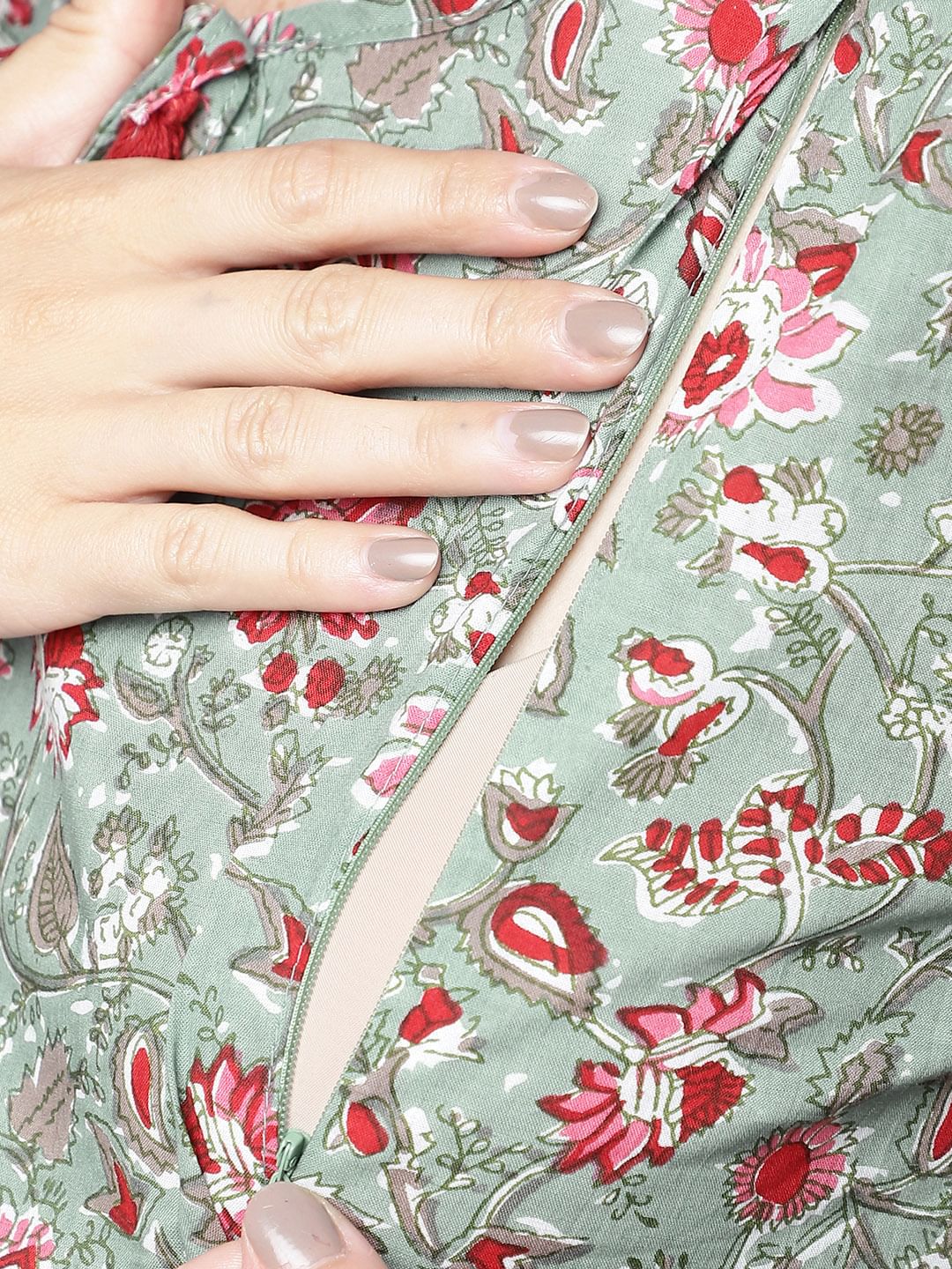 Green & Red Cotton Floral Maternity Night Suit