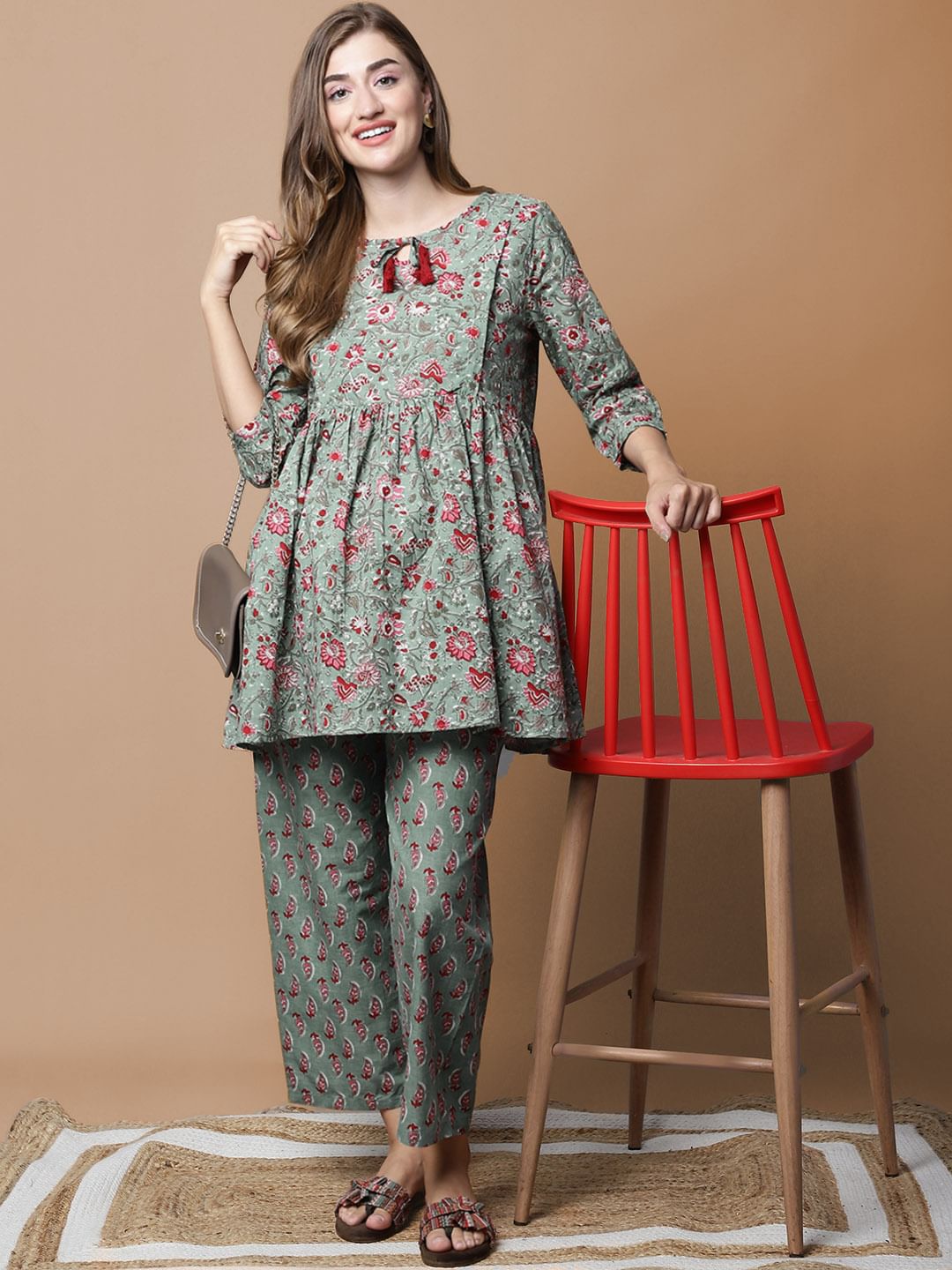 Green & Red Cotton Floral Maternity Night Suit
