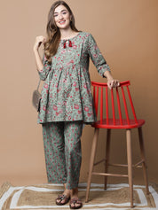 Green & Red Cotton Floral Maternity Night Suit