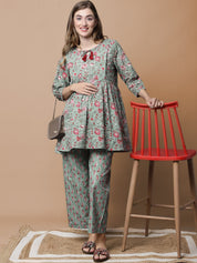 Green & Red Cotton Floral Maternity Night Suit