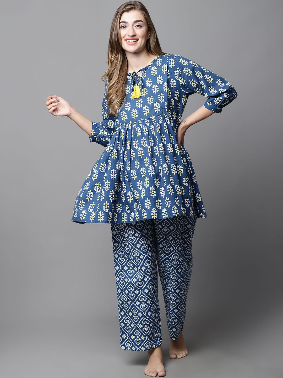 Blue & Yellow Cotton Floral Maternity Night Suit