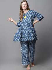 Blue & Yellow Cotton Floral Maternity Night Suit