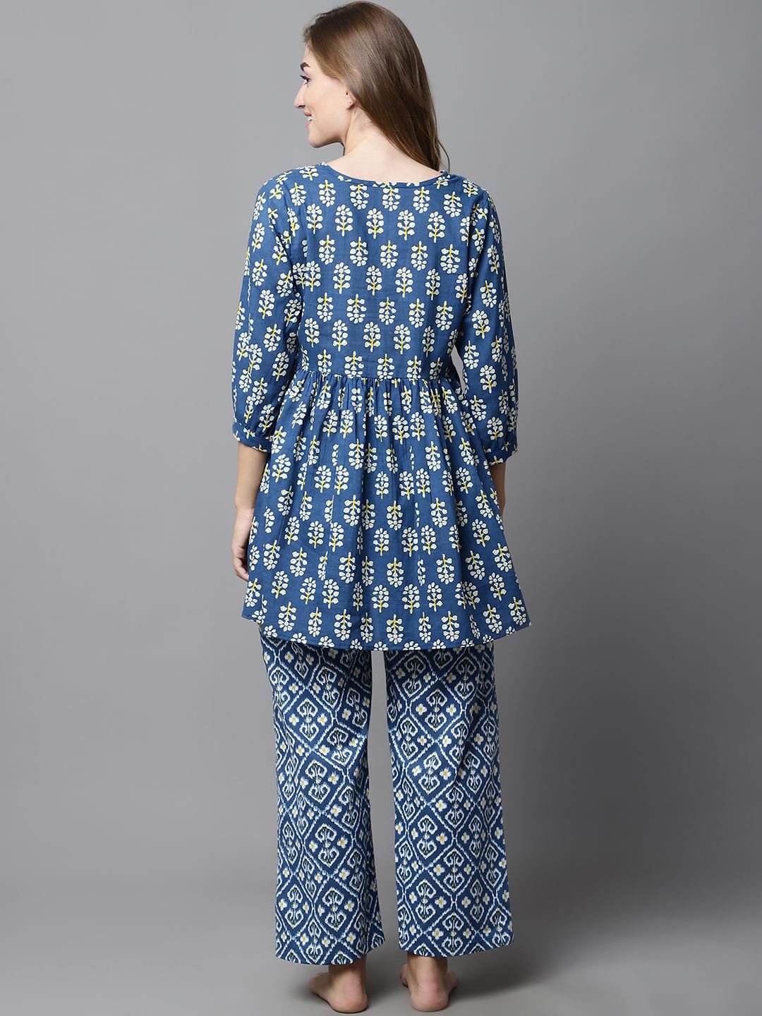 Blue & Yellow Cotton Floral Maternity Night Suit