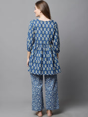 Blue & Yellow Cotton Floral Maternity Night Suit