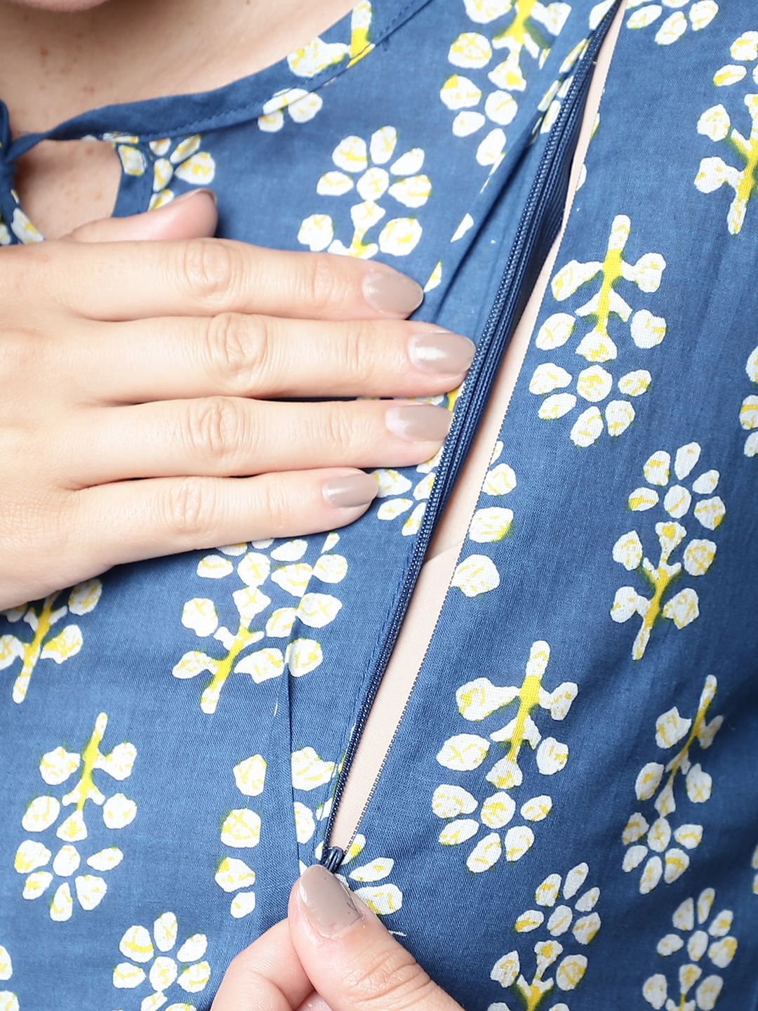 Blue & Yellow Cotton Floral Maternity Night Suit