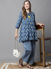 Blue & Yellow Cotton Floral Maternity Night Suit