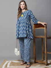 Blue & Yellow Cotton Floral Maternity Night Suit