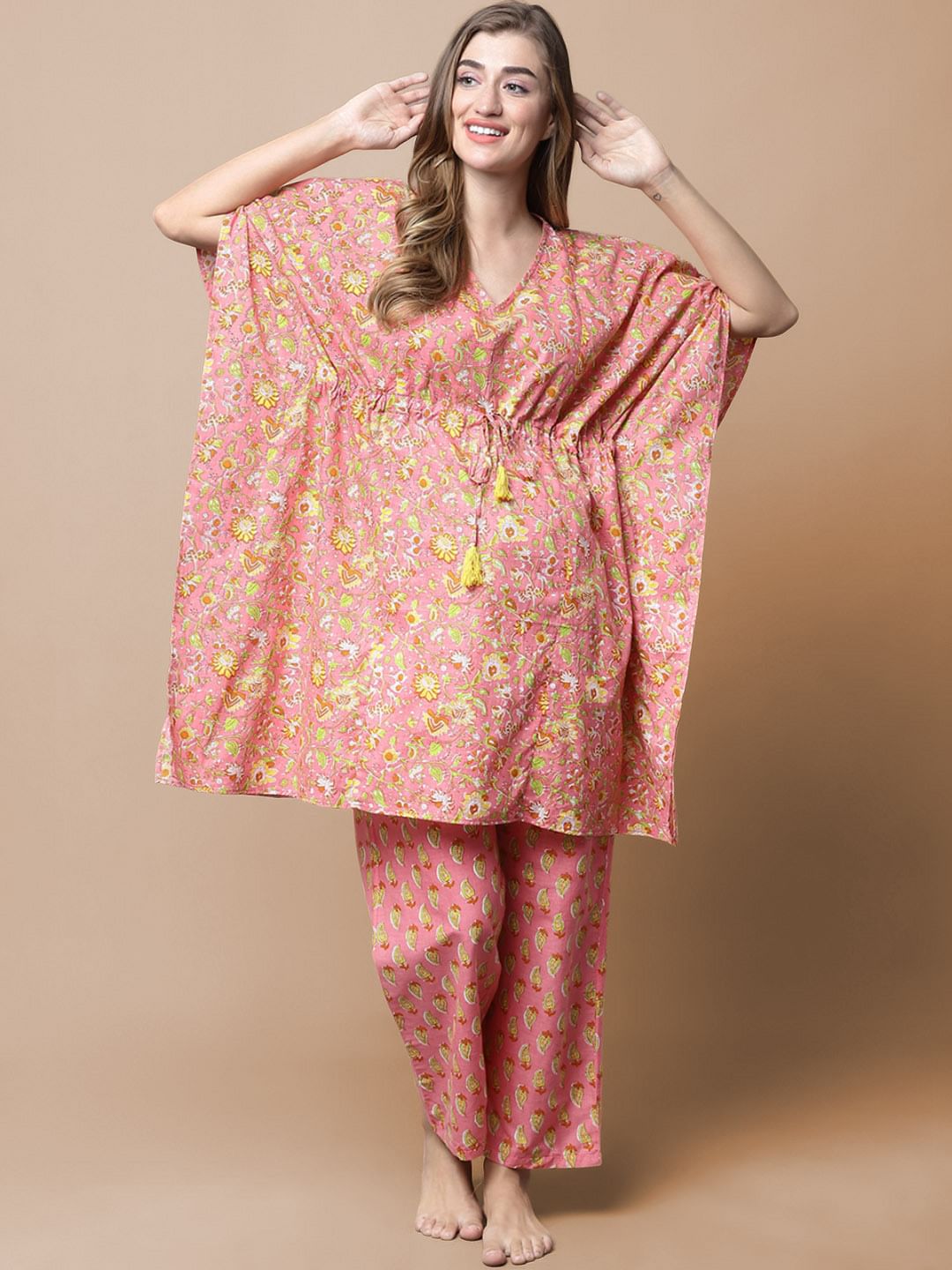 Peach & Yellow Cotton Floral Maternity Night Suit
