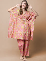 Peach & Yellow Cotton Floral Maternity Night Suit