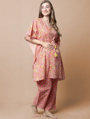 Peach & Yellow Cotton Floral Maternity Night Suit