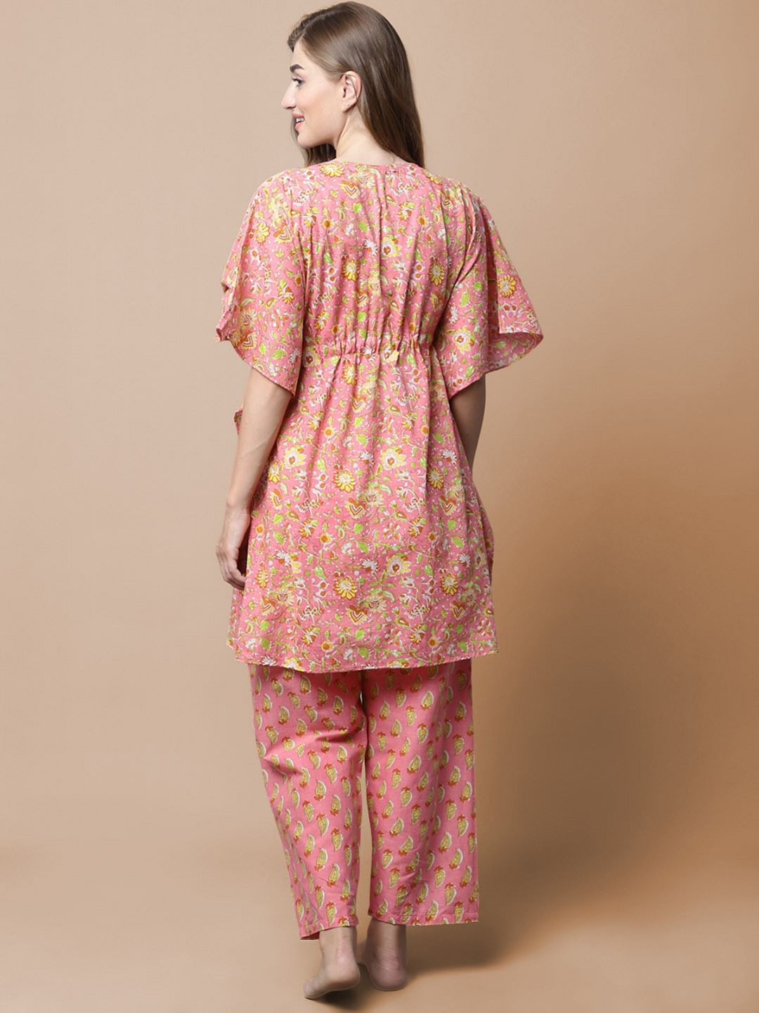 Peach & Yellow Cotton Floral Maternity Night Suit