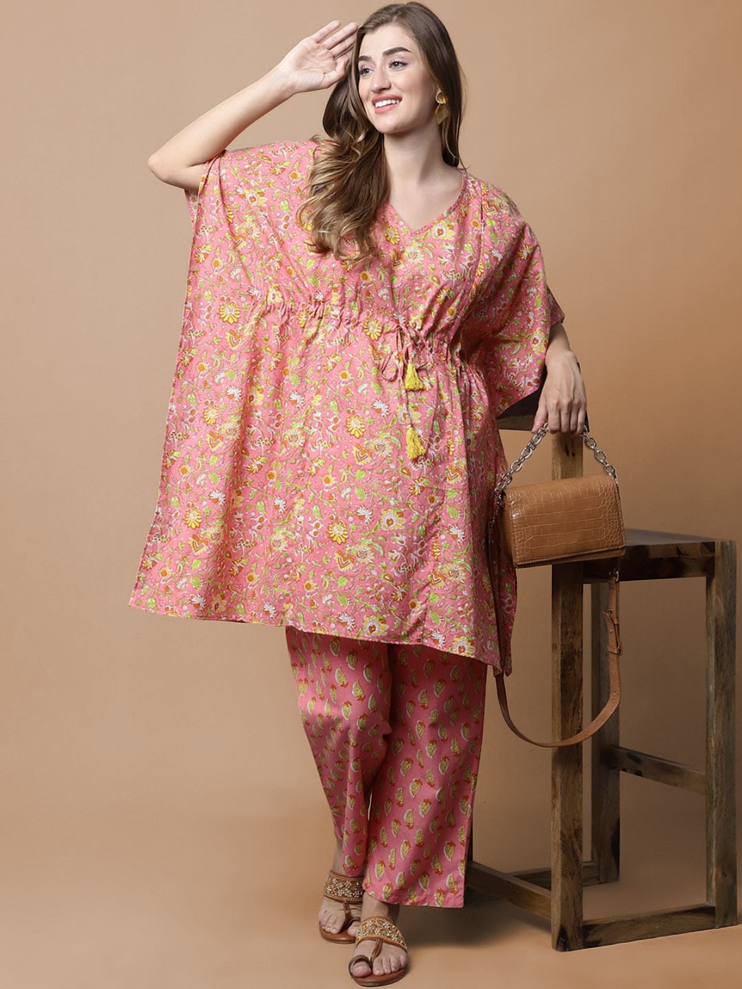 Peach & Yellow Cotton Floral Maternity Night Suit