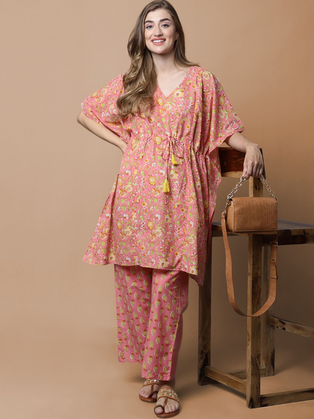 Peach & Yellow Cotton Floral Maternity Night Suit