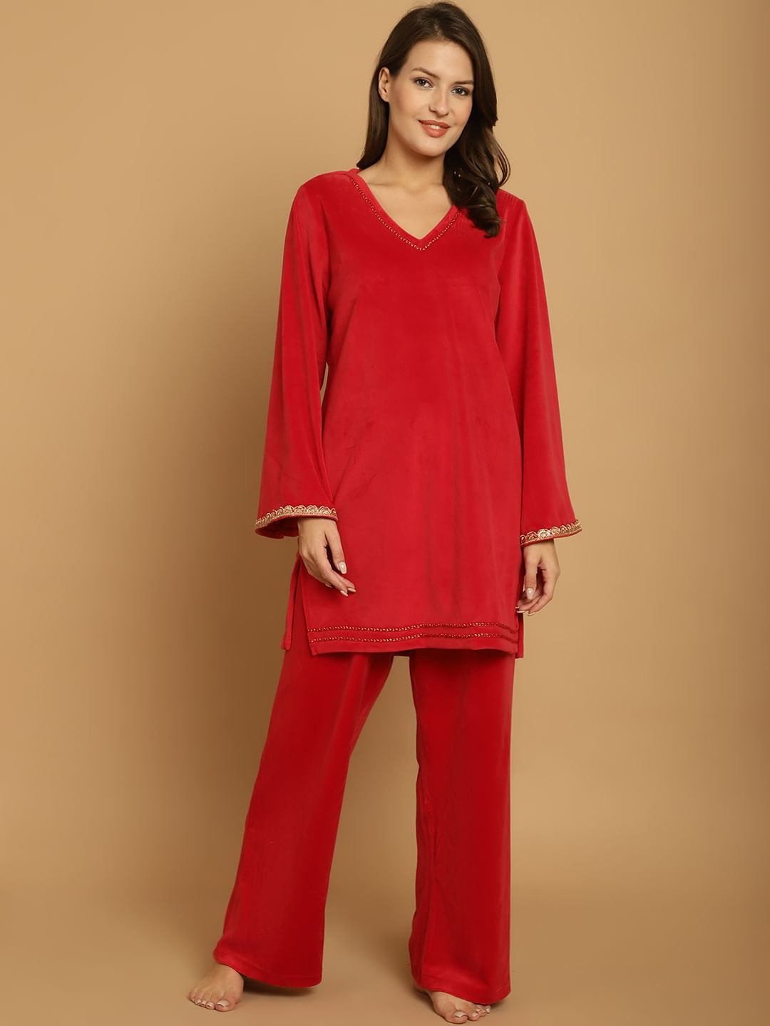 Red Solid Velvet Winter Night Suit
