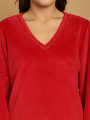 Red Solid Velvet Winter Night Suit