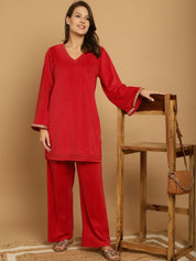 Red Solid Velvet Winter Night Suit