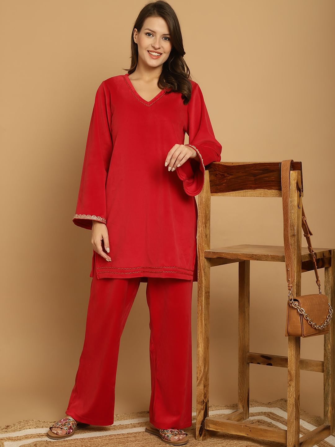 Red Solid Velvet Winter Night Suit