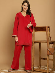 Red Solid Velvet Winter Night Suit