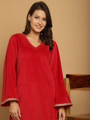 Red Solid Velvet Winter Night Suit