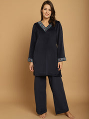 Navy Blue Solid Velvet Winter Night Suit
