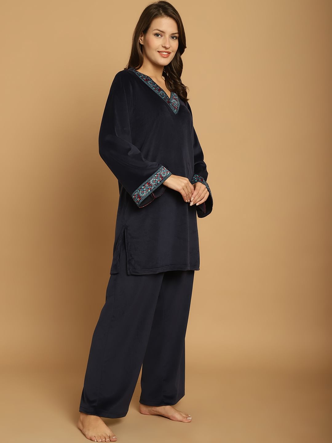 Navy Blue Solid Velvet Winter Night Suit