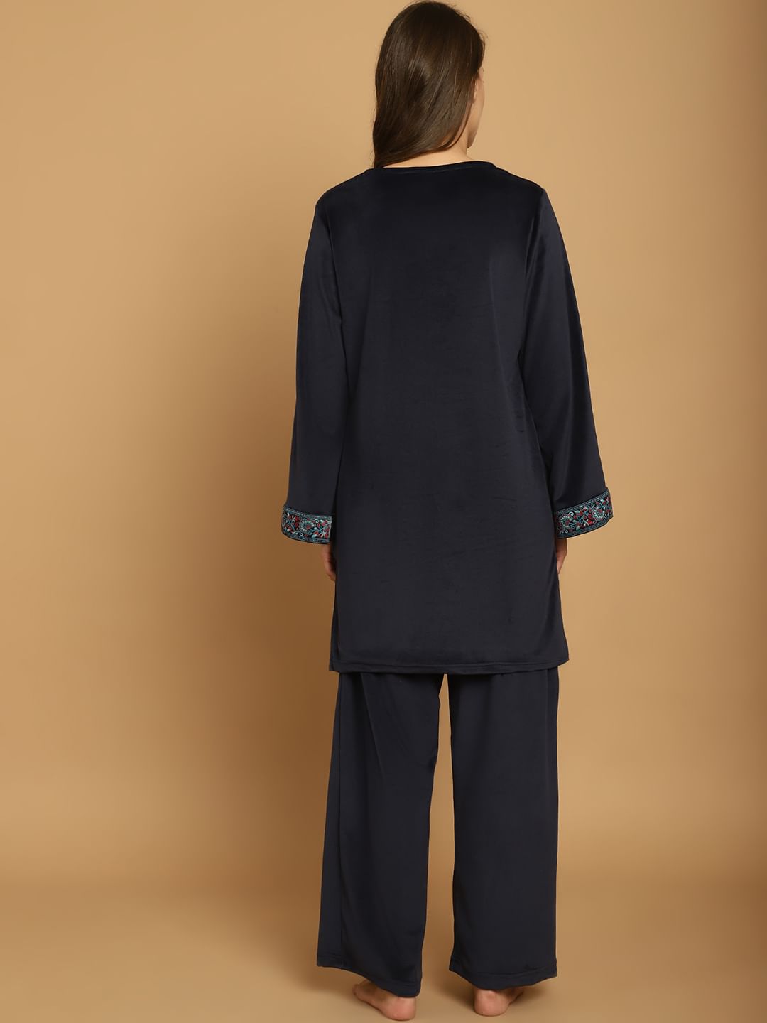 Navy Blue Solid Velvet Winter Night Suit