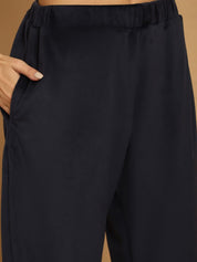 Navy Blue Solid Velvet Winter Night Suit