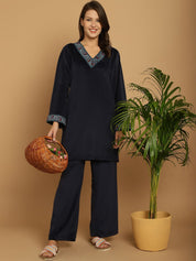 Navy Blue Solid Velvet Winter Night Suit